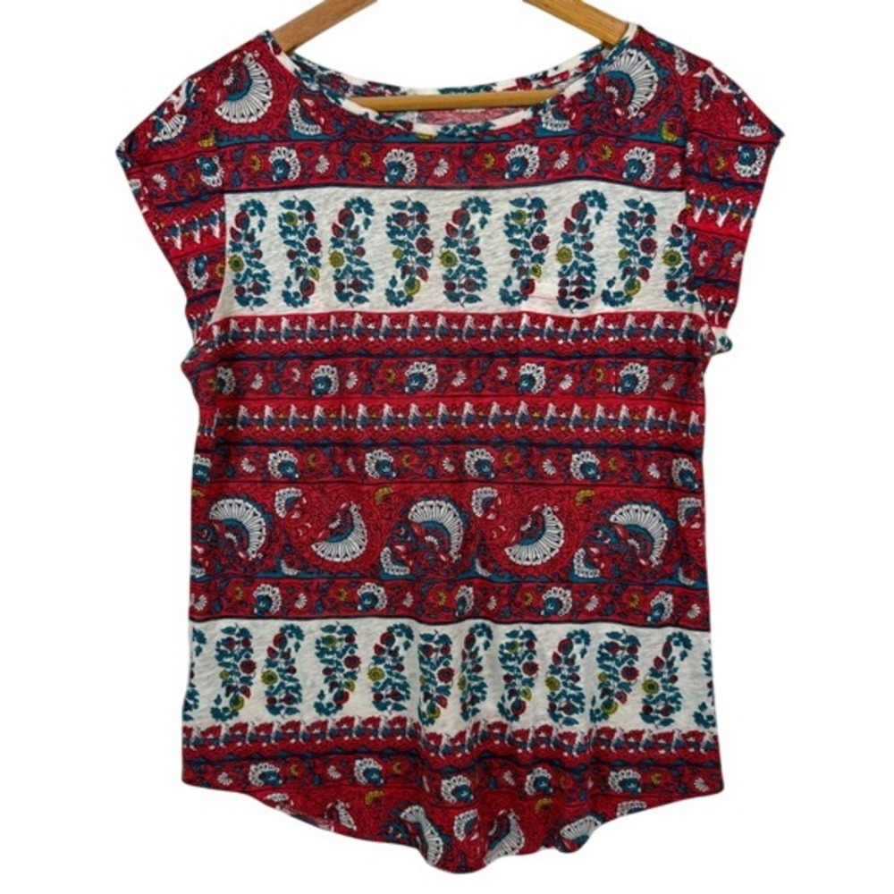 LOFT Linen Knit Top Womens Small‎ Red Blue Floral Paisley Striped Cap Sleeve Tee